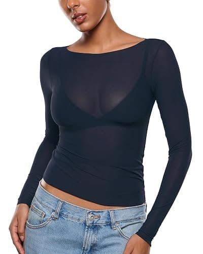 INLYRIC Women's Cosnufy Mesh Sheer Long Sleeve Tops See Through Boat Neck Going Out Tops Trendy Sexy Shirts - Image 1