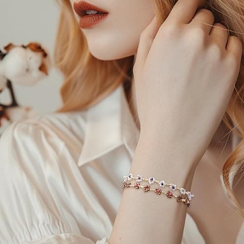 Agriajun Gold Daisy Flower Beaded Stretch Bracelets for Women, Cute Handmade Floral seed Beads Stackable Bracelet Beach Spring Boho Jewelry Gift thumbnail 2