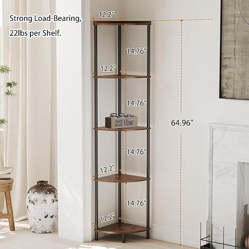 SUNMORY 5 Tier Corner Shelf Stand,Industrial 65" Corner Shelves Display Shelf for Living Room Decor,Wall Corner Bookshelf Multi Unit Organizer,Tall Shelf Plant Stand for Bedroom,Bathroom,Small Space thumbnail 2