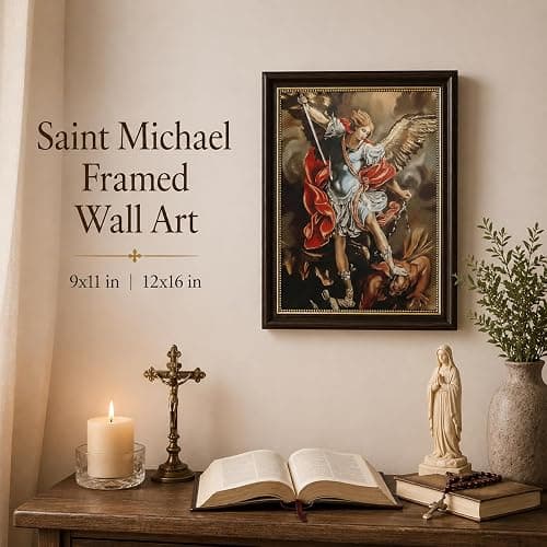St Michael Archangel Framed Wall Art - Saint Michael Defeating Satan Painting - Catholic Religious Wall Decor for Bedroom Living Room Church, Vintage Christian Angel Canvas Print with Gold Trim Framed thumbnail 2