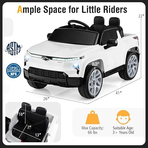 Costzon Ride on Car, 12V Licensed Chevrolet Truck, Kids' Electric Vehicles with Remote Control, Rear Storage, Music, USB, Lights & Spring Suspension, Kids Car Toy for Aged 3+ (Truck, White) thumbnail 3