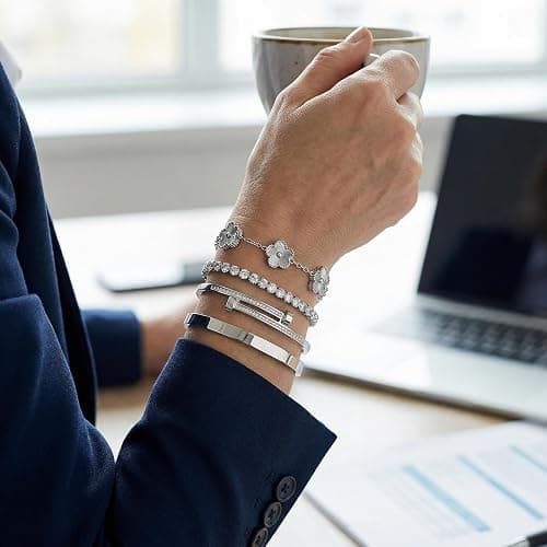 Camhanno Silver Bracelets for Women-4Pcs 18K Gold Plated Love Bangle Tennis Clover Nail Bracelets Stack Set for Women Trendy Non Tarnish Stainless Steel Gold Bangles Accessories Designer Jewelry thumbnail 6