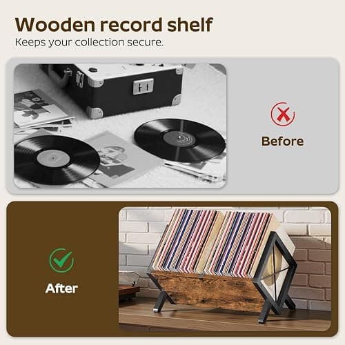 YATINEY Vinyl Record Holder, Record Storage Rack Holds 80-100 LP，Wooden and Metal Record Organizer, Quick Assembly Magazine Holder for CDs, Magazine, Albums, Rustic Brown and Black CJ06BR thumbnail 7