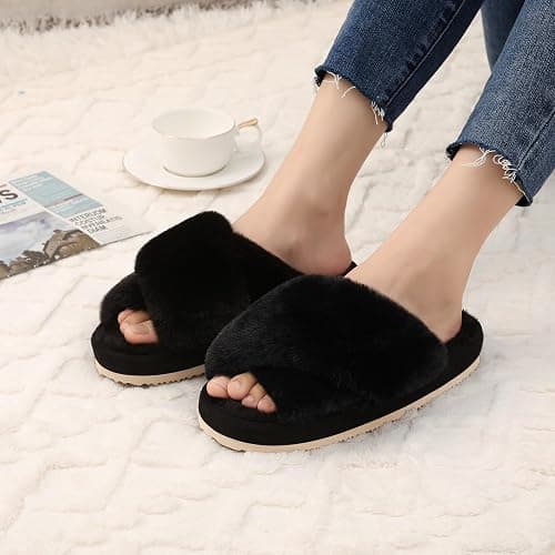 Comwarm Women's Cross Band Fuzzy Slippers Fluffy Open Toe House Slippers Cozy Plush Bedroom Shoes Indoor Outdoor thumbnail 2