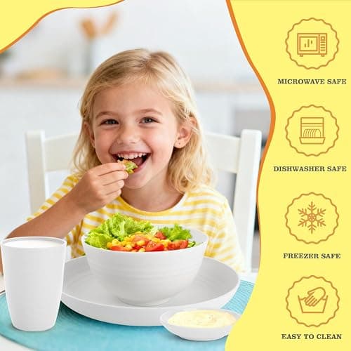 Perlapoc Wheat Straw Plates and Bowls Sets of 16，Unbreakable Dinnerware Sets for 4, Microwave & Dishwasher Safe Kids Dish Set for Kitchen, Outdoor, Camping, Party, RV- White thumbnail 4