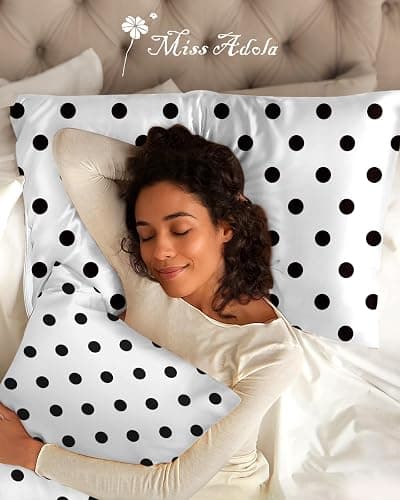 Miss Adola Silk Pillowcase 2 Pack - Pillow Cases 20" x 30" Queen Size Set of 2 for Hair and Skin Smooth Soft Breathable with Hidden Zipper Cooling Pillow Covers for Sleeping, White Black dot thumbnail 7