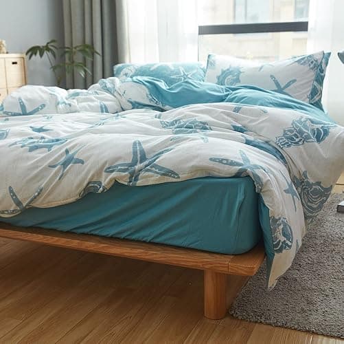 DONEUS Jersey Knit Duvet Cover Set 100% T-Shirt Cotton Super Soft Breathable Comfy Seashells Pattern Bedding Set 3 Piece with Zipper Closure, White Blue King 104x90 Inches thumbnail 4
