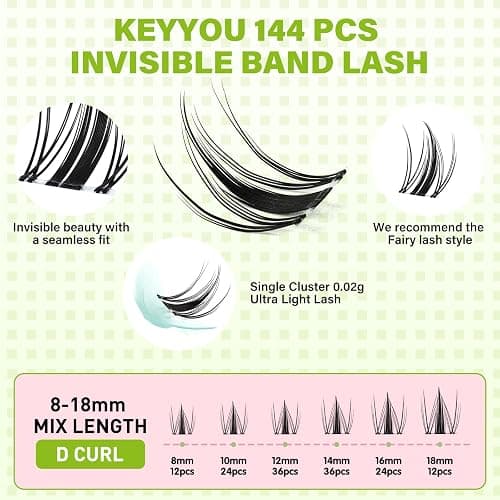KEYYOU Fairy Lash Clusters 144Pcs D Curl Manga Lash Extension Eyelash Extension Wispy Natural Invisible Band Lash with Waterproof DIY Lash Extension at Home(Fairy-D-8-18MIX) thumbnail 2