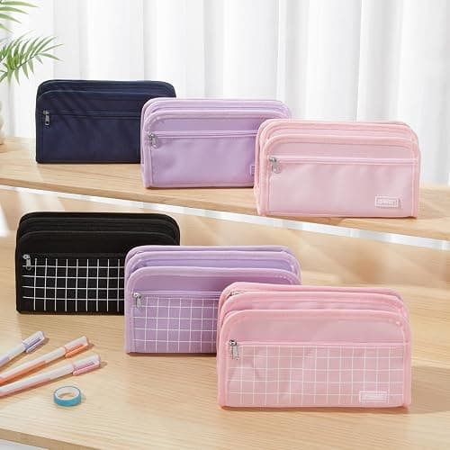 Sooez Large Pencil Case, Big Capacity Pencil Pouch Pen Bag with 3 Compartment, Portable Canvas Stationery Organizer with Zipper, Cute Aesthetic School Supplies for Teen Girls College, Pure Pink thumbnail 4