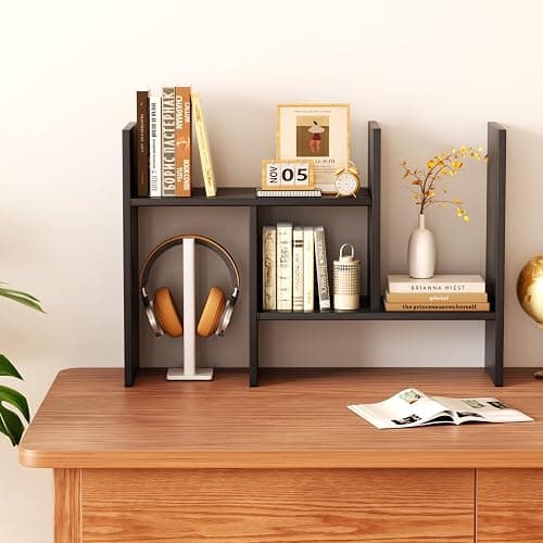 Mihoho Desktop Shelf Organizer, Adjustable Wood Desktop Bookshelf, Office Storage Rack, Wood Display Shelf for Home, Study, Office (Black c) thumbnail 6