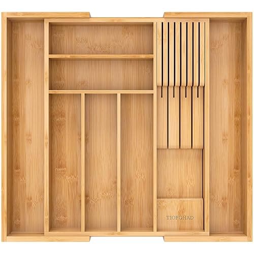 TIOPGHAD Bamboo-Silverware-Drawer-Organizer-Kitchen, Expandable Utensil Holder Cutlery Tray Flatware Organization Adjustable Wood Tableware Dividers Storage (with Removable Knife Block)(Natural) - Natural - Large - Image 1