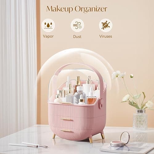 Multi-Function Make Up Case Dustproof Cosmetic Storage Box, Organizer Skin Care Products Jewelry Organizer Finishing Box for Bedroom Bathroom Desktop (Pink) thumbnail 5