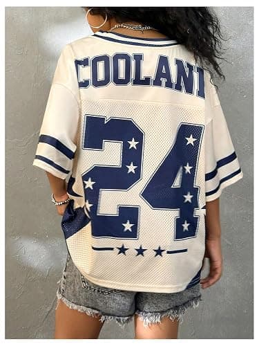 RoseSeek Girl's Y2K Mesh Oversized Jersey Tops Number Star Graphic Tees Vintage V Neck T Shirts thumbnail 3