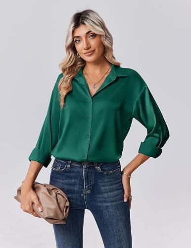 Zeagoo Womens Tops Long Sleeve Satin Silk Button Down Shirts Casual Business Dressy Blouses Fall Clothes thumbnail 3