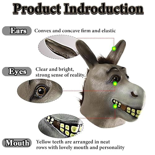 Harseyleam Donkey Mask, Classic Movie Role Play Latex Head Masks, Deluxe Animal Face Mask for Adult Cosplay Party Props thumbnail 3