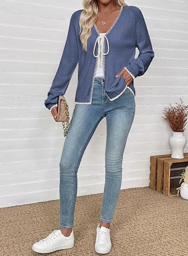 EVALESS Cardigan Sweaters for Women 2026 Trendy Lightweight Knit Fall | Long Sleeve Open Front Bow Tie Sweaters,Fashion Winter Spring Chunky Outerwear,Dressy Casual Work Business Vacation Outfits thumbnail 5
