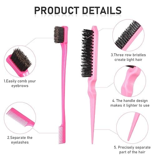 Remerry 12 Pcs Hair Brush Set Rat Tail Comb Edge Teasing, Pink | Nylon Bristle Teasing for Volume, Metal Tail Parting Comb for Sectioning, Dual Sided Edge Smoothing, 6 Duckbill Clips thumbnail 3