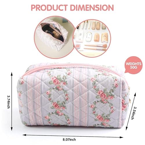 Floral Makeup Bag, Cute Quilted Makeup Toiletry Bag, Zipper Cosmetic Pouch, Daily Travel Use Skincare Bag, Multipurpose Organizer Bag (Blossom Blush Pink) thumbnail 3