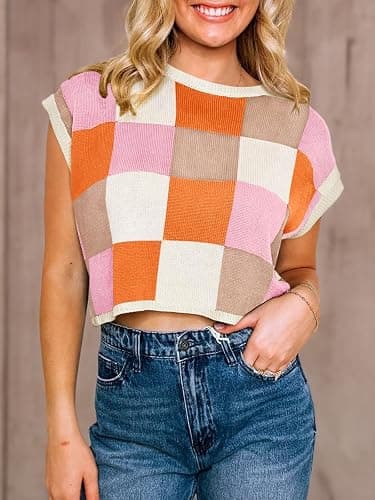 Saodimallsu Womens Cap Sleeve Crop Tops Summer Color Block Going Out Crew Neck Knit Trendy Casual Sweater thumbnail 5