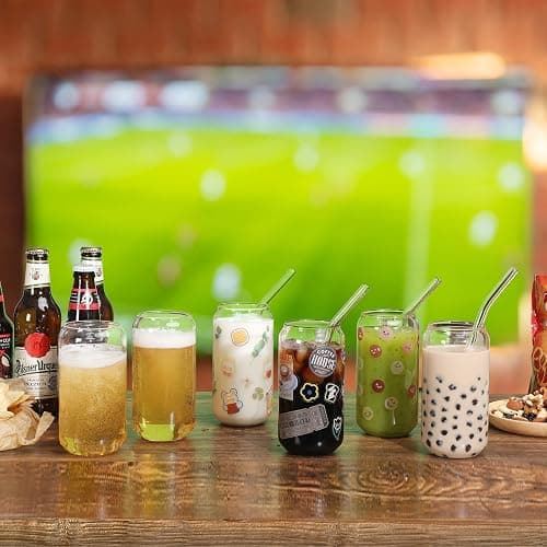 NETANY [ 8pcs Set ] Drinking Glasses with Glass Straw - 16oz Glass Cups, Beer Glasses, Iced Coffee Glasses, Cute Tumbler Cup, Ideal for Whiskey, Soda, Tea, Water, Gift - 2 Cleaning Brushes thumbnail 5
