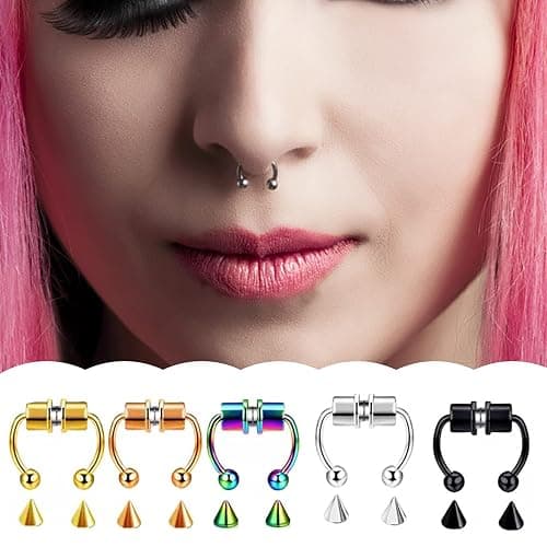 5pcs Magnetic Stainless Steel False Horseshoe-shape Nose Hoop for Party - Non Piercing Septum Nose Ring Gift for Men & Women thumbnail 2