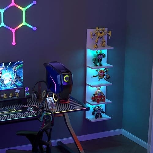 VIWODS 5-Tier Wall Shelf Unit with RGB Light, Floating Lack Shelf for Wall Storage, Wall Mounted Vertical Display Shelf for Bedroom Living Room Vanity, White - White thumbnail 6