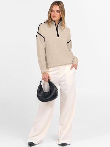 ANRABESS Womens Quarter Zip Sweaters Fall Long Sleeve V Neck Shirts Collared Business Casual Tops Knit Pullover Sweatshirts thumbnail 8