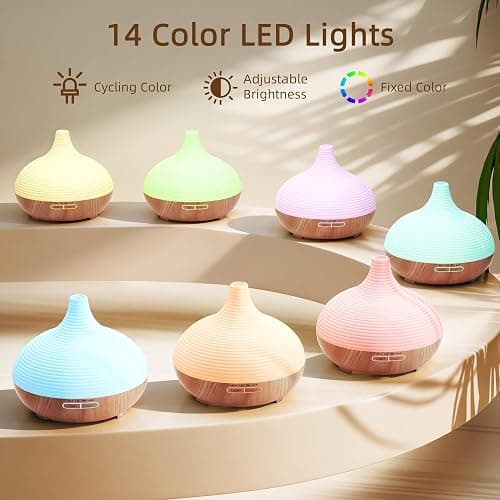 ASAKUKI 300ML Essential Oil Diffuser, Wood Grain BPA-Free Whisper Quiet Cool Mist Humidifier, Natural Home Fragrance Diffuser with 14 Colors LED Lights and Easy to Clean - Light Brown thumbnail 4