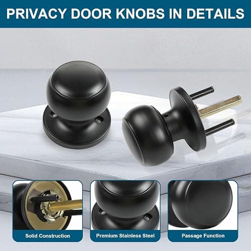 RAZCC Passage Door Knobs, 2 Pack Matte Black Door Knobs, for Hallway & Closet Non-Locking Interior Round Door Handles Keyless Reversible for Left Right Handed Doors thumbnail 7