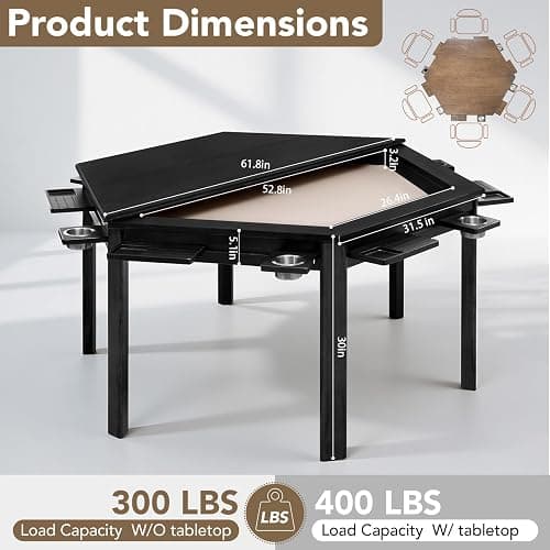 janiry Board Game Table with Removable Table Top Seats 4 to 6 Players Hexagonal Solid Wood Dining and Gaming Table Includes Play Mat, Detachable Cup Holders & Trays (Black) thumbnail 3
