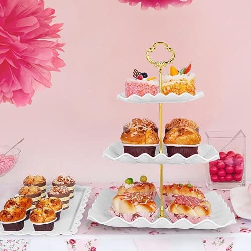 5 Pcs Dessert Table Display Set - 2 Pcs 3-Tier Dessert Display Stands & 3 Pcs Serving Tray - Dessert Trays Dessert Stands Treat Table Displays Set for Tea Parties,Birthdays & Baby Showers thumbnail 7