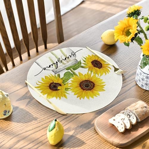 Artoid Mode Buffalo Plaid Sunflower Sunshine Vase Round Summer Placemats Set of 4, 14 Inch Spring Fall Table Mats for Dining Decoration thumbnail 2