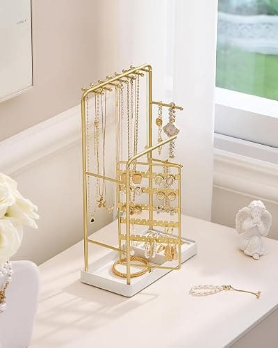 ProCase Jewelry Stand Holder Organizer, Jewelry Display Storage with Ring Tray, Rotating Earring Bracelet Necklace Holder, Valentine's Gifts Room Dorm Decor for Teen Girls -Gold (No-Assembly) thumbnail 6
