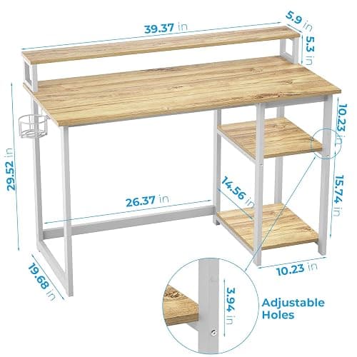 GreenForest Computer Desk with Full Monitor Stand,100 cm Home Office Desk with Reversible Storage Shelves,Small Study Desk with Headphone Hook and Cup Holder,Oak thumbnail 3