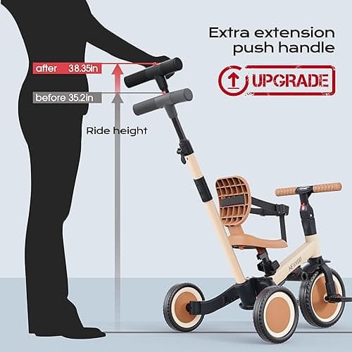 newyoo Toddler Tricycle with Push Handle for 1-3 Year Old, Toddler Bike, Birthday Gift and Toy for Boys and Girls, 5 in 1 Kids Trike, Balance Bike with Backrest and Safety Belt, Khaki, TR007 - Khaki thumbnail 3