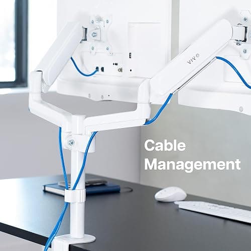 VIVO Dual Monitor Arm Mount for 17 to 32 inch Screens - Pneumatic Height Adjustment, Full Articulating Tilt, Swivel, Heavy Duty VESA Stand with Desk C-clamp and Grommet Option, White, STAND-V002KW thumbnail 9