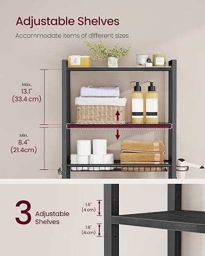 VASAGLE Over the Toilet Storage, Over Toilet Bathroom Organizer with Adjustable Shelves and Basket, 3 Hooks, Space Saving, 9.4 x 23.6 x 63 Inches, Ebony Black UBTS113BE01S thumbnail 6
