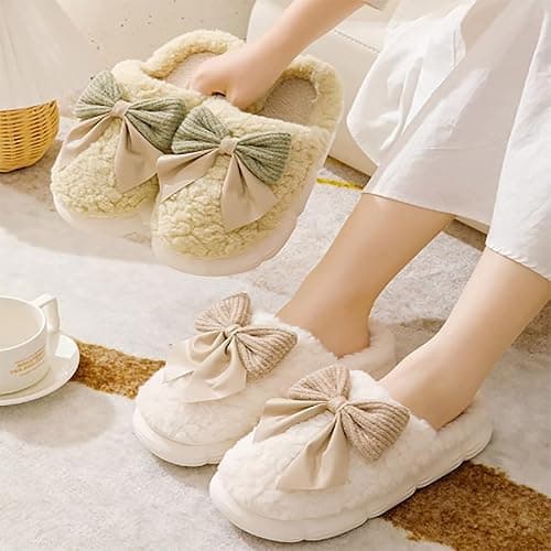 HANDKEI Women's Slippers Warm Plush Bow Indoor Anti slip Home Thick Sole Winter Slippers thumbnail 4
