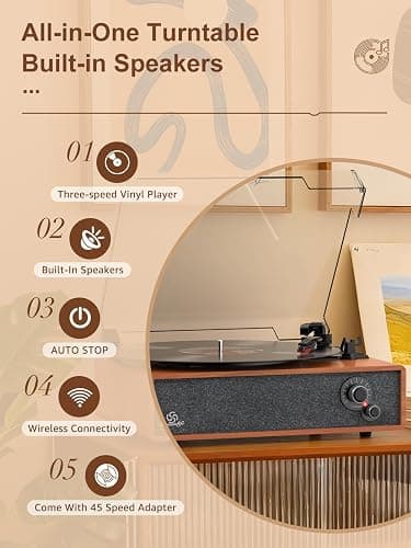 Vinyl Record Player Built-in Stereo Speakers Vintage Turntable Vinyl Records LP Phonograph Belt Drive 3 Speed 3 Size Support Wireless Input RCA Output Auto Stop Tone Adjustment Retro Wooden Walnut Red thumbnail 5