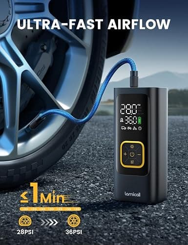 Lamicall Car Tire Inflator Portable Air Compressor, 4X Faster, 150 PSI | with Auto Stop, Rechargeable, Pressure Gauge Display, LED Light, Car Accessories Automatic Air Pump for Motorcycle Bike Ball thumbnail 3