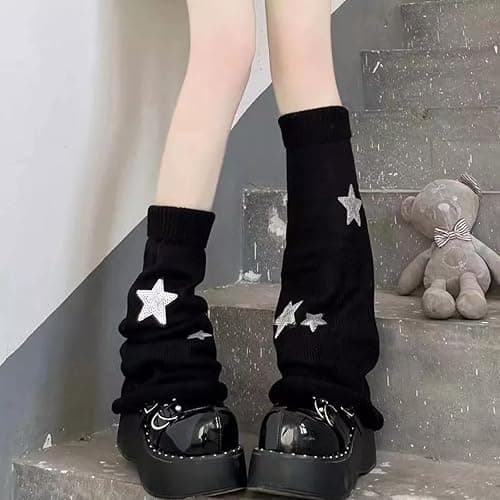DUOJINSANXI 2Pcs Black White Leg Warmers for Girls Cute Leg Warmers Y2k Harajuku Knit Star Legwarmer Accessories for Women thumbnail 3