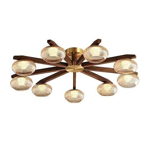 Walnut Wood LED Ceiling Light Fixture, Modern 9-Light Semi-Flush Mount with Glass Shades, 41" Farmhouse Chandelier Walnut & Brass for Living Room, Dining Room, Bedroom thumbnail 8