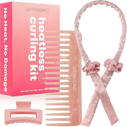 Lily England Heatless Hair Curlers to Sleep In - No Heat Curling Gift Set Includes Satin Headband, Hair Clip, Comb & 2 Scrunchies - Sleek & Smooth Overnight Curls (Pink, 5 Pack) thumbnail 8