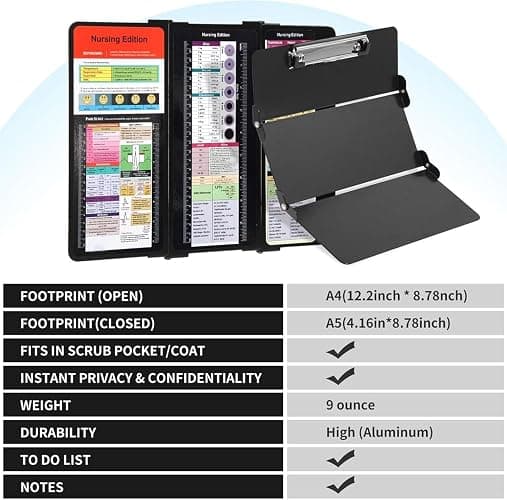 Nursing Clipboard with Nursing and Medical Edition Cheat Sheets 3 Layers Aluminum Foldable Nurse Clip Boards Notepad for Students, Nursing School Essentials (Black) - Black thumbnail 2