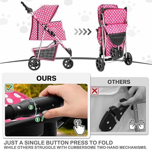 MoNiBloom 3 Wheels Pet Dog Cat Stroller for Small Medium Dogs Cats, Foldable Jogger Stroller w/Storage Basket and Cup Holder, Hot Pink Polka Dots thumbnail 7