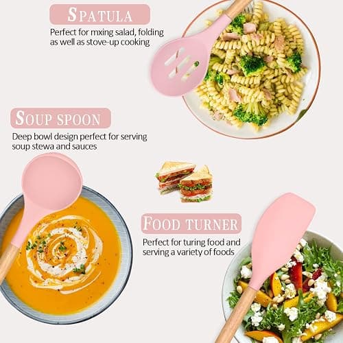 Umite Chef Silicone Kitchen Utensils Set, 33 Piece Non-Stick Kitchen Utensils with Stand, Wooden Handle, Pink thumbnail 4