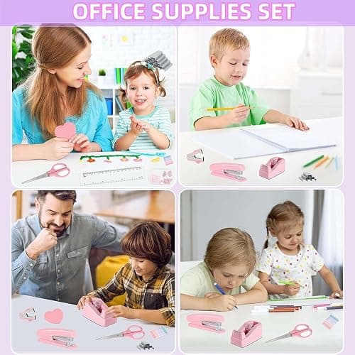 Office Desk Accessories, Pink Office Supplies Set Desk Accessories for Women, Cute Office Supplies with Stapler, Mini Stapler, Staple Remover, Tape, Clips, Scissor and Tabs, Stationary Set for Student thumbnail 9