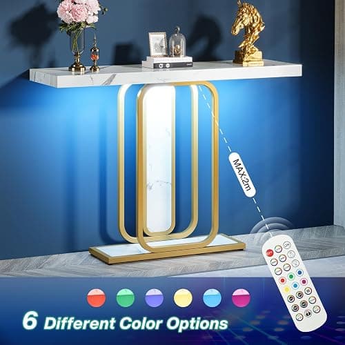 Tribesigns Modern Gold White Console Table with LED Lights, 41.3 Inch Entryway Hallway Foyer Accent Table with Faux Marble Veneer for Living Room, Entrance thumbnail 7