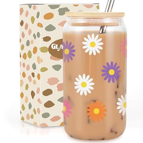 GSPY Daisy Aesthetic Gifts, Iced Coffee Cup, Cute Glass Cups with Lids and Straws - Cute Mugs, Flower Mug, Glass Tumbler - Retro, Christmas, Birthday Gifts for Women, Coffee Lovers, Friend, Girls, Mom - Image 1