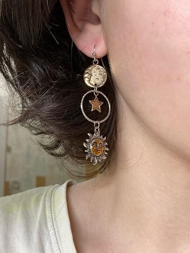 Vintage Sun Moon Star Dangle Earrings for Women, Greek Mythology Asymmetric Drop Earrings (Gold) thumbnail 3